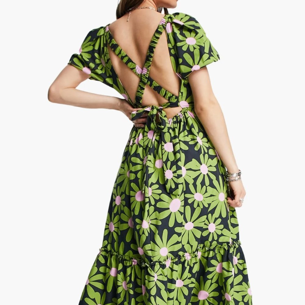 🌼 NWT Topshop Neon Floral Open Back Midi Dress - Green/Pink Daisy 🌼